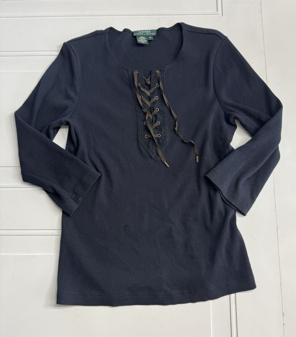 Lauren Ralph Lauren Womens Sz M Black Tie Up Henley Shirt Stretch Ribbed Top